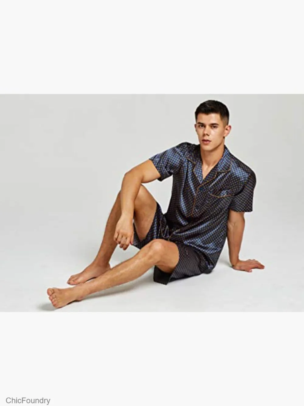 Men's Short Sleeve Satin Pajama Set with Shorts 2-Piece Button Top
